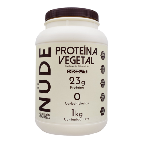 Bote de proteína vegetal sabor chocolate de la marca NUDE, con vista frontal del envase.