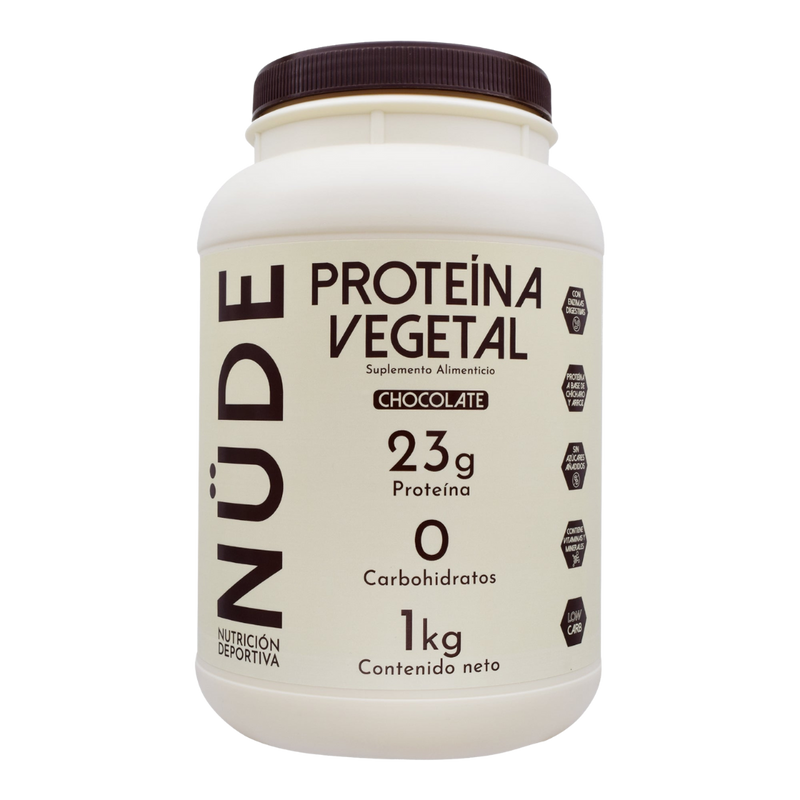 Bote de proteína vegetal sabor chocolate de la marca NUDE, con vista frontal del envase.