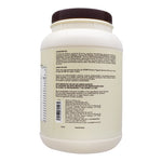 Vista lateral del envase de proteína vegetal NUDE, con instrucciones de uso y sellos de certificación vegana.