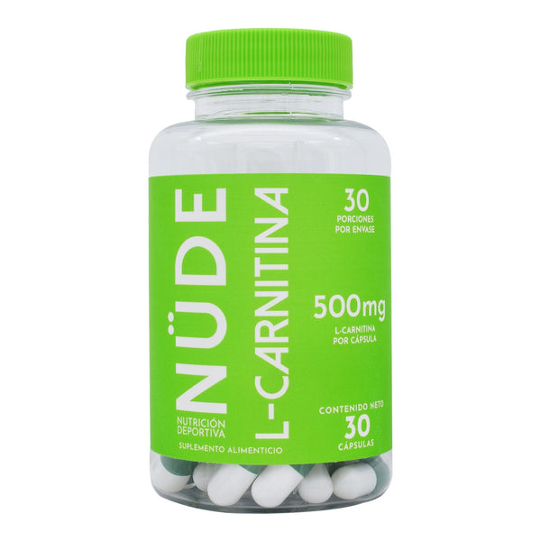 Bote de L-Carnitina NUDE de 30 cápsulas, suplemento alimenticio, vista frontal.