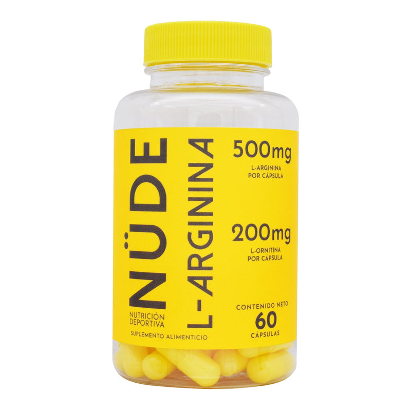 Bote de L-Arginina pura de 60 cápsulas, vista frontal.